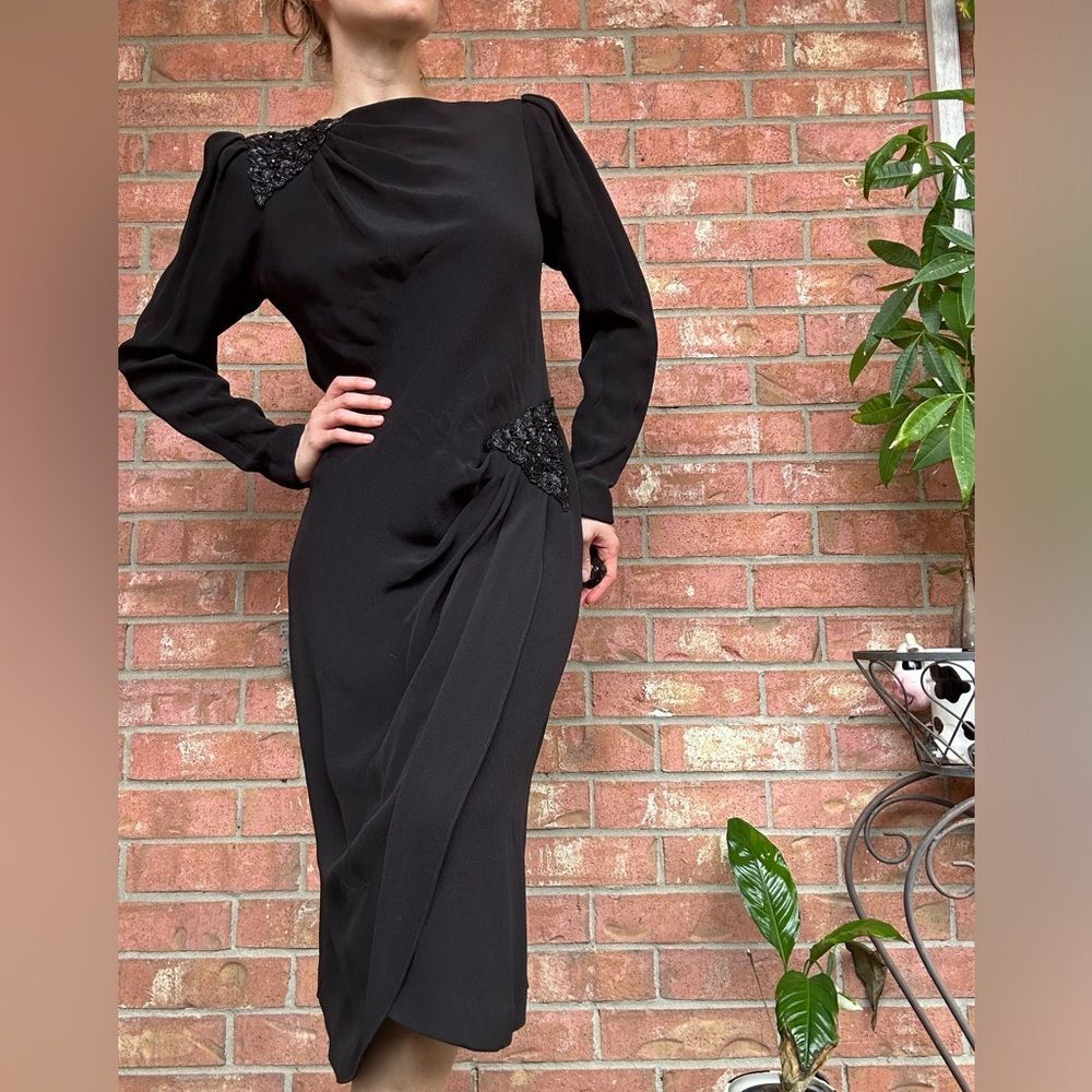 VTG 80s 90s Black Cocktail Dress Beaded Draped Harry Acton For After Five Sz 6 - Picture 7 of 16